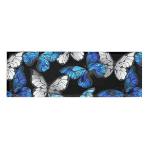 Dark Seamless Pattern with Blue Butterflies Morpho Name Tag