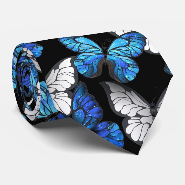 Dark Seamless Pattern with Blue Butterflies Morpho Neck Tie (Rolled)