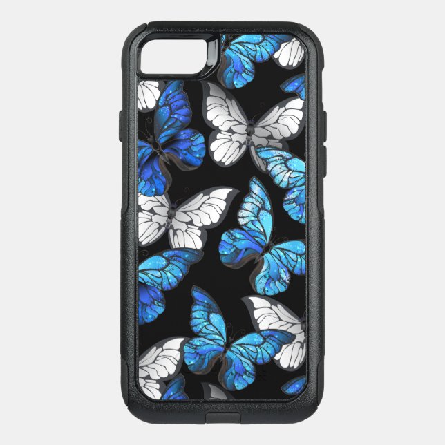 Dark Seamless Pattern with Blue Butterflies Morpho Otterbox iPhone Case (Back)