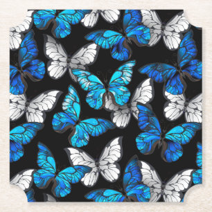 Dark Seamless Pattern with Blue Butterflies Morpho Paper Coaster