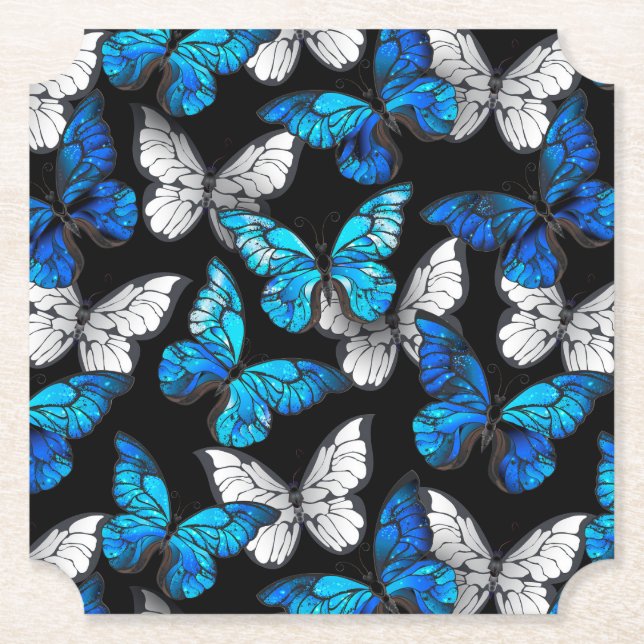 Dark Seamless Pattern with Blue Butterflies Morpho Paper Coaster (Front)