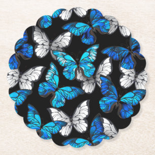 Dark Seamless Pattern with Blue Butterflies Morpho Paper Coaster