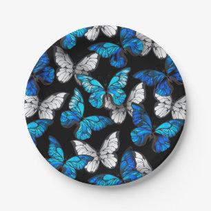 Dark Seamless Pattern with Blue Butterflies Morpho Paper Plates