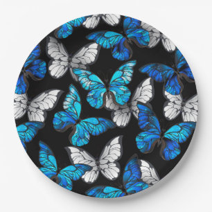 Dark Seamless Pattern with Blue Butterflies Morpho Paper Plates