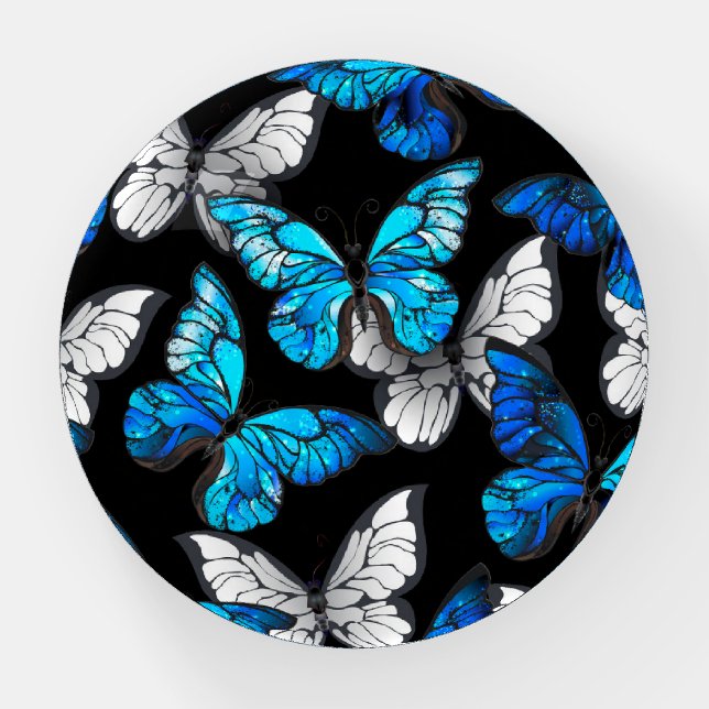 Dark Seamless Pattern with Blue Butterflies Morpho Paperweight (Front)