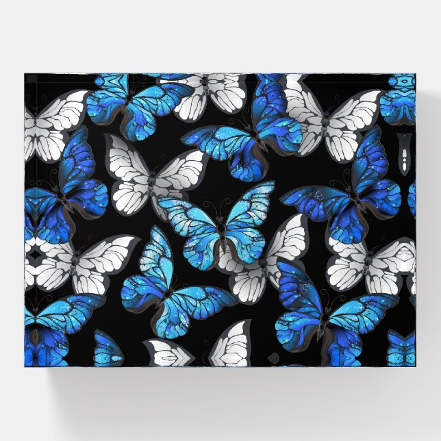 Dark Seamless Pattern with Blue Butterflies Morpho Paperweight (Front)