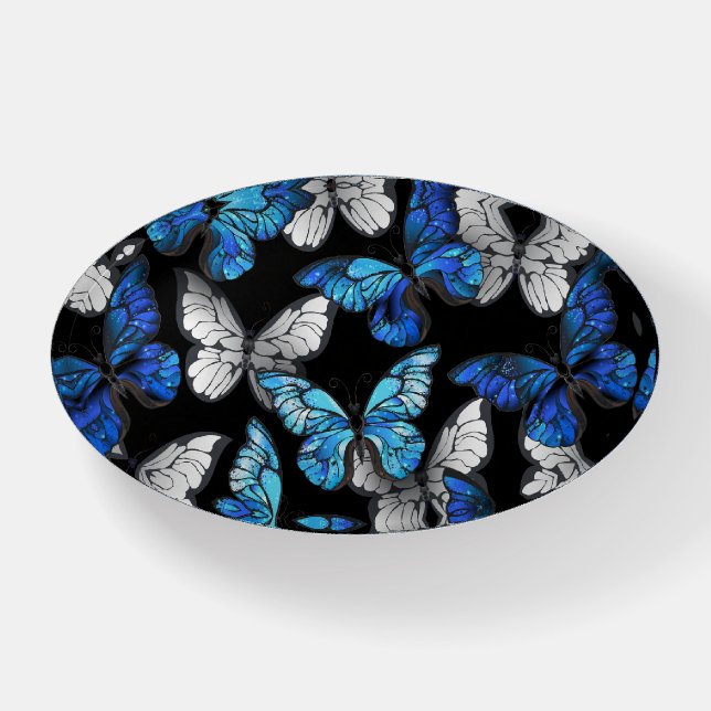 Dark Seamless Pattern with Blue Butterflies Morpho Paperweight (Front)