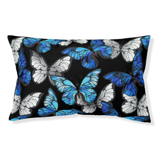 Dark Seamless Pattern with Blue Butterflies Morpho Pet Bed (Front)