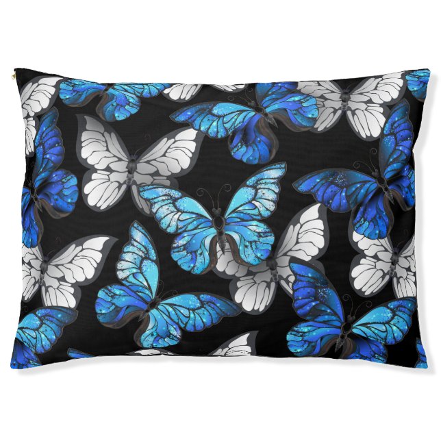 Dark Seamless Pattern with Blue Butterflies Morpho Pet Bed (Front)