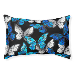 Dark Seamless Pattern with Blue Butterflies Morpho Pet Bed