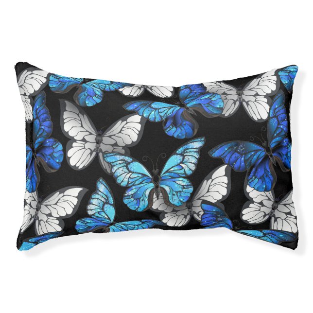 Dark Seamless Pattern with Blue Butterflies Morpho Pet Bed (Front)