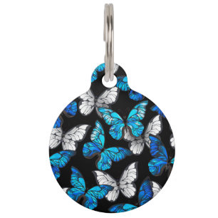Dark Seamless Pattern with Blue Butterflies Morpho Pet ID Tag