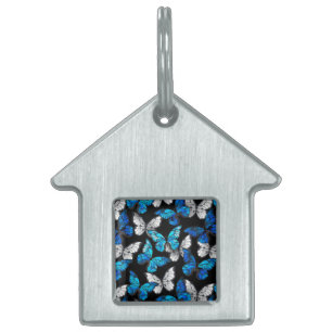 Dark Seamless Pattern with Blue Butterflies Morpho Pet ID Tag