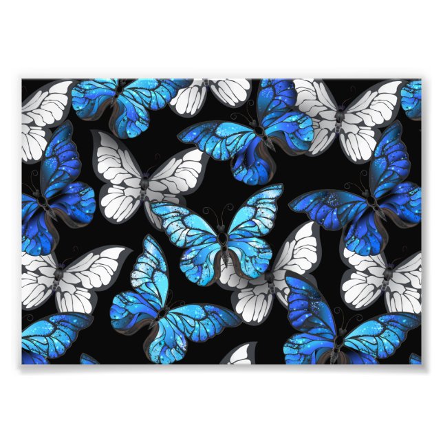 Dark Seamless Pattern with Blue Butterflies Morpho Photo Print (Front)