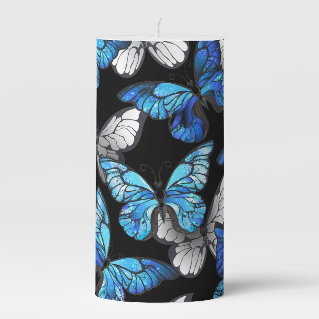 Dark Seamless Pattern with Blue Butterflies Morpho Pillar Candle (Front)