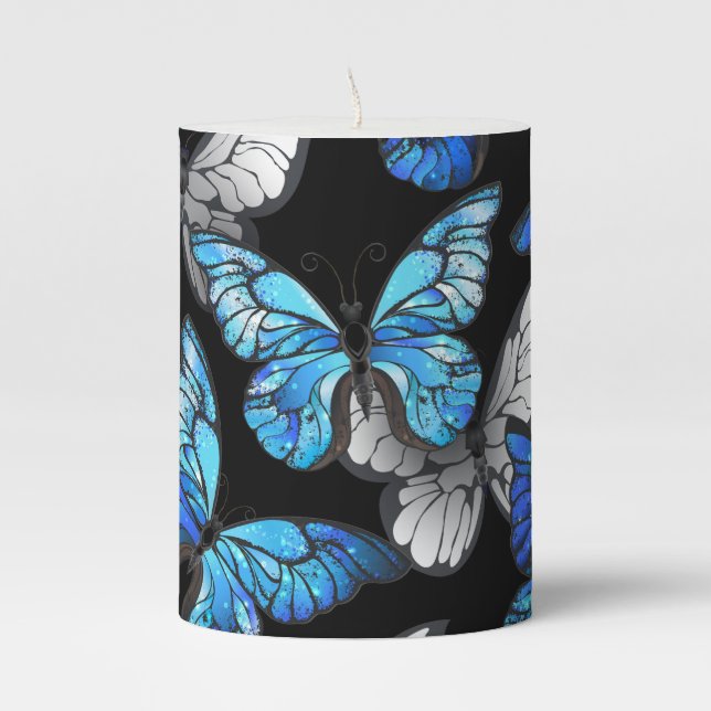 Dark Seamless Pattern with Blue Butterflies Morpho Pillar Candle (Front)