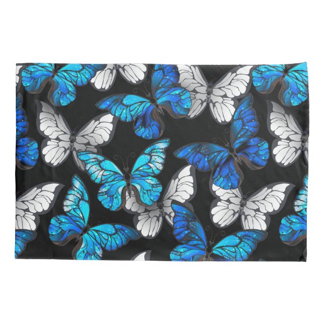 Dark Seamless Pattern with Blue Butterflies Morpho Pillow Case (Back)