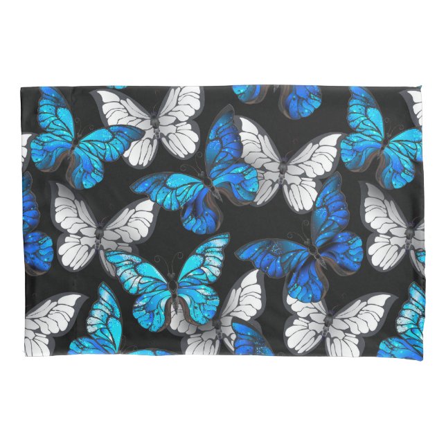 Dark Seamless Pattern with Blue Butterflies Morpho Pillow Case (Front-Left)