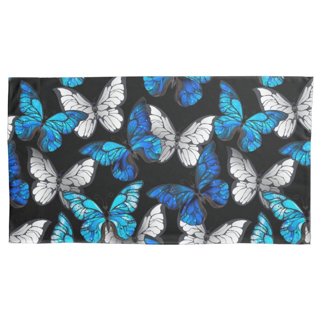 Dark Seamless Pattern with Blue Butterflies Morpho Pillow Case (Front-Left)