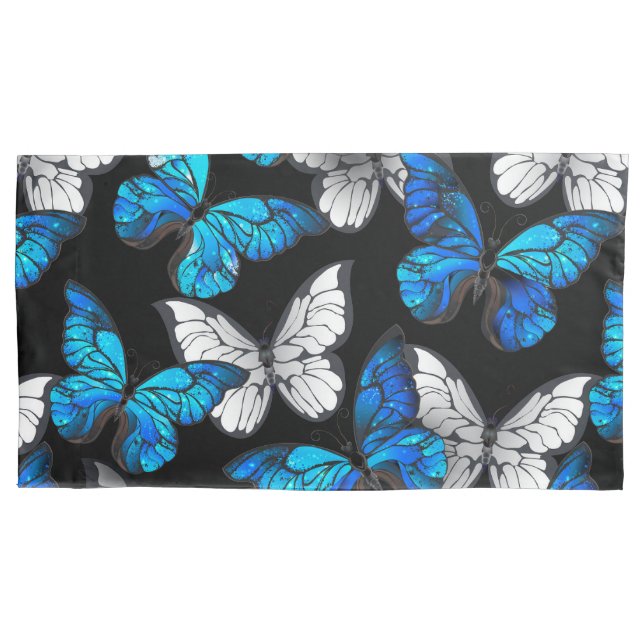 Dark Seamless Pattern with Blue Butterflies Morpho Pillow Case (Front)