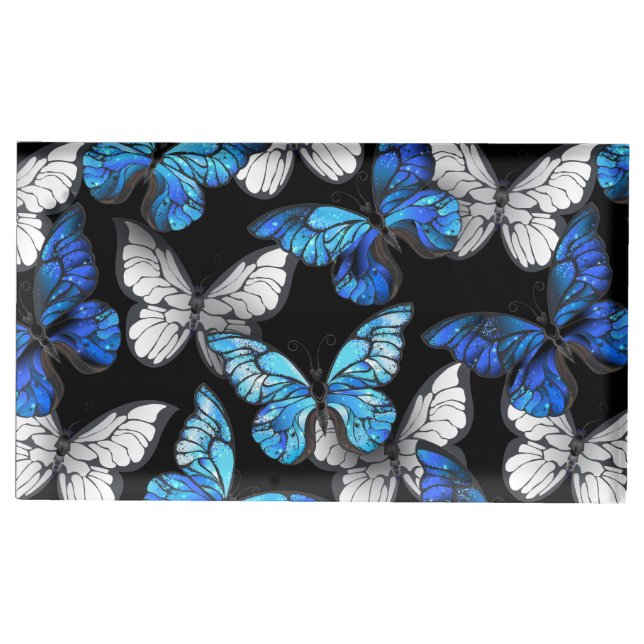 Dark Seamless Pattern with Blue Butterflies Morpho Place Card Holder (Front)
