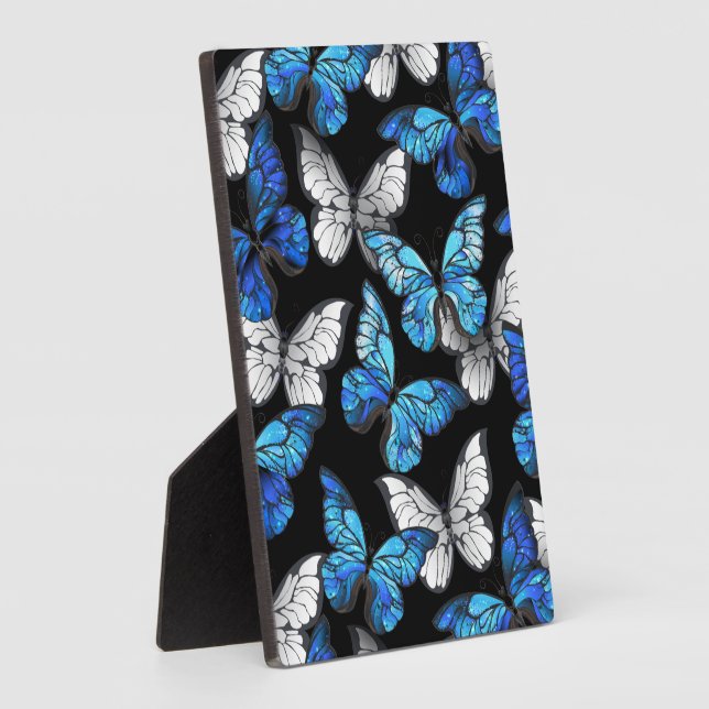 Dark Seamless Pattern with Blue Butterflies Morpho Plaque (Side)