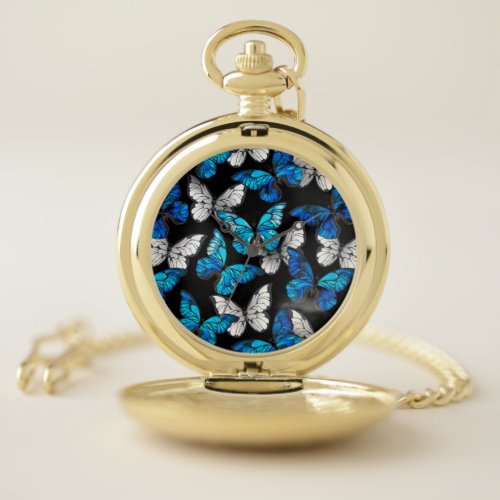 Dark Seamless Pattern with Blue Butterflies Morpho Pocket Watch