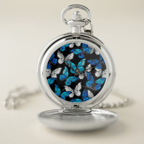 Dark Seamless Pattern with Blue Butterflies Morpho Pocket Watch