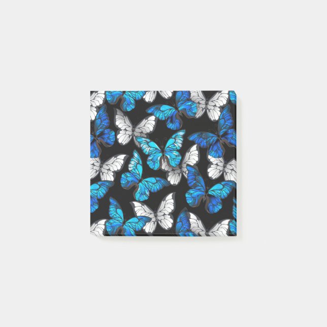 Dark Seamless Pattern with Blue Butterflies Morpho Post-it Notes (Front)