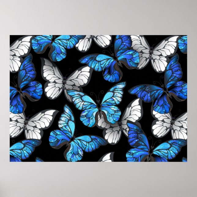 Dark Seamless Pattern with Blue Butterflies Morpho Poster (Front)