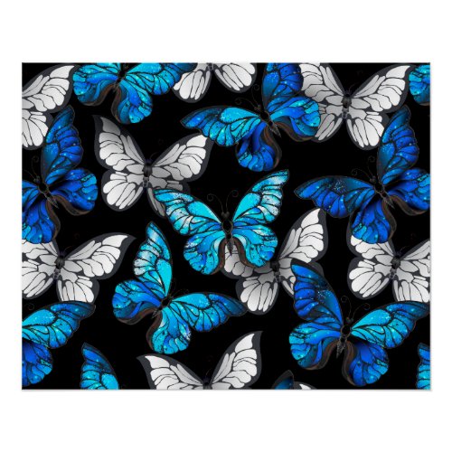 Dark Seamless Pattern with Blue Butterflies Morpho Poster