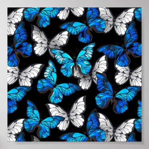 Dark Seamless Pattern with Blue Butterflies Morpho Poster