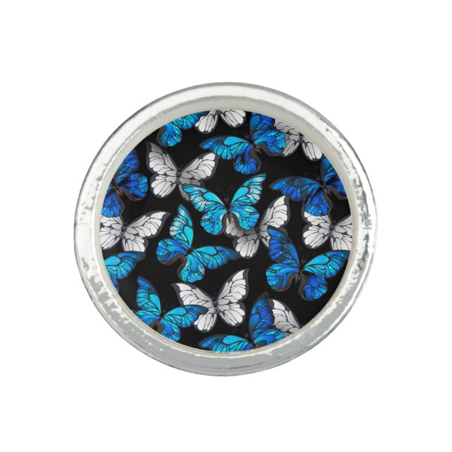 Dark Seamless Pattern with Blue Butterflies Morpho Ring (Front)