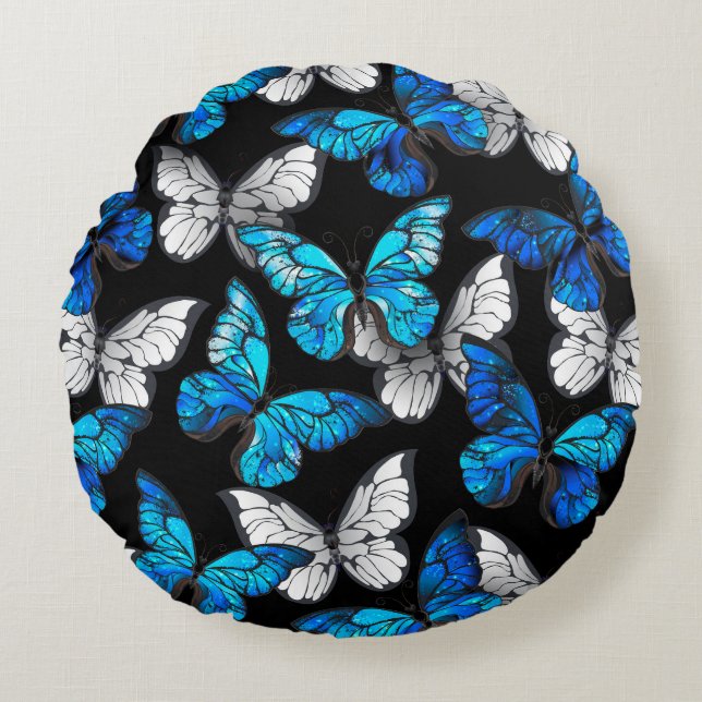 Dark Seamless Pattern with Blue Butterflies Morpho Round Pillow (Front)
