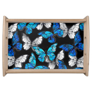 Dark Seamless Pattern with Blue Butterflies Morpho Serving Tray
