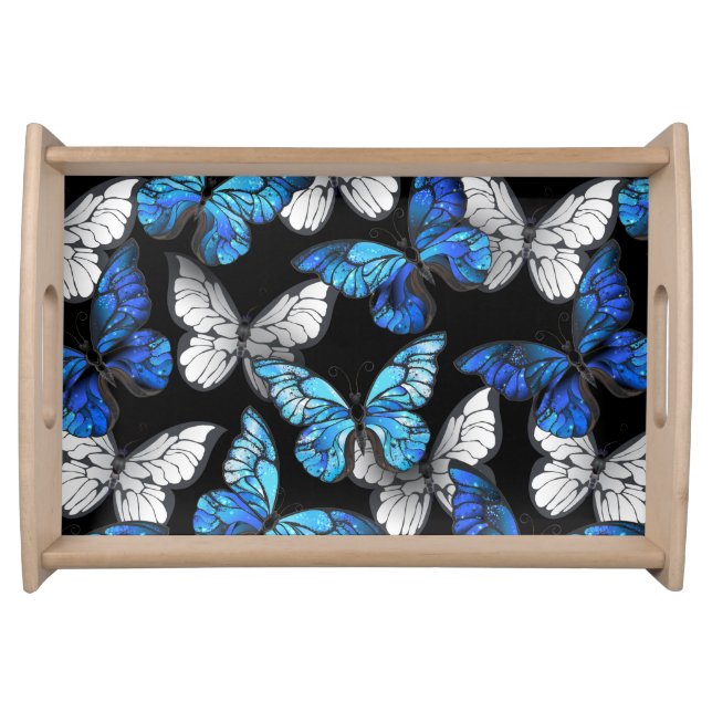 Dark Seamless Pattern with Blue Butterflies Morpho Serving Tray (Front)