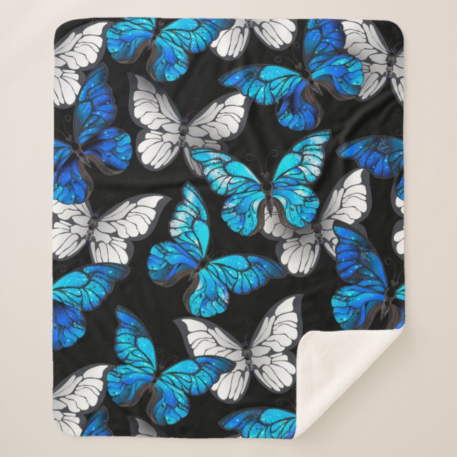 Dark Seamless Pattern with Blue Butterflies Morpho Sherpa Blanket (Front)