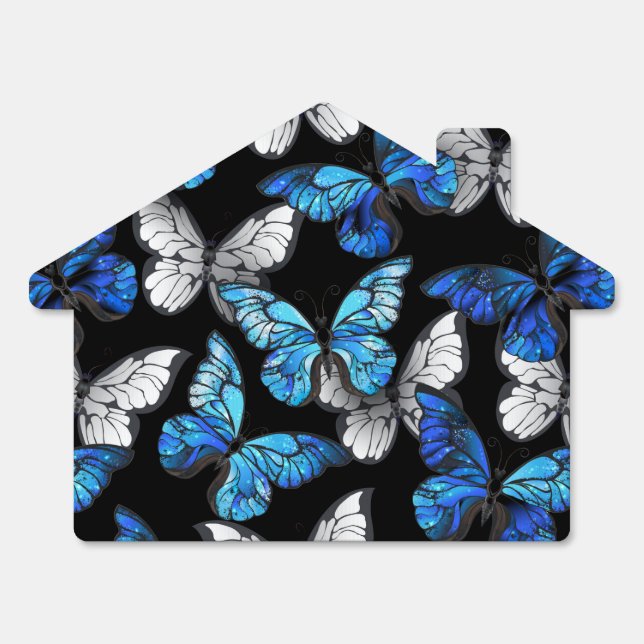 Dark Seamless Pattern with Blue Butterflies Morpho Sign (Front)