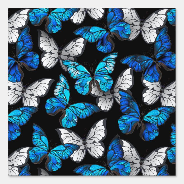 Dark Seamless Pattern with Blue Butterflies Morpho Sign (Front)