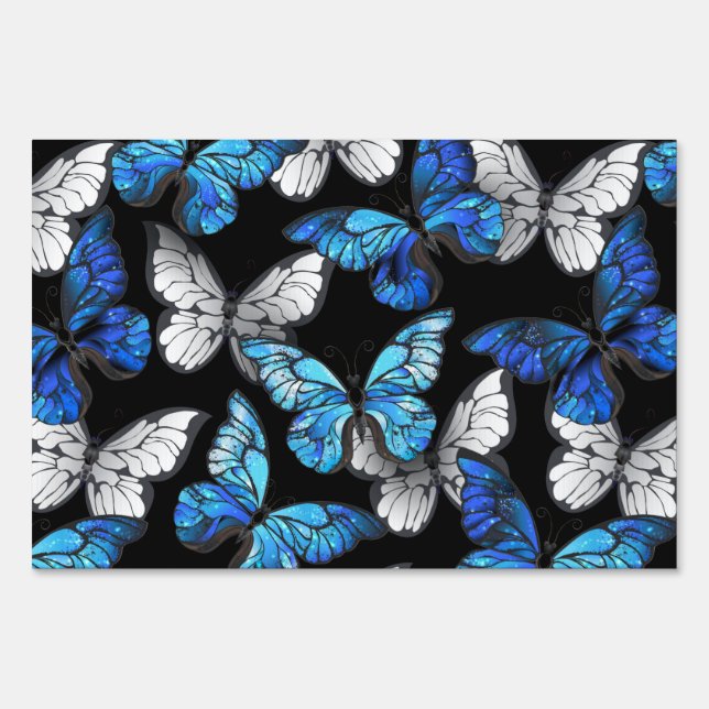 Dark Seamless Pattern with Blue Butterflies Morpho Sign (Front)