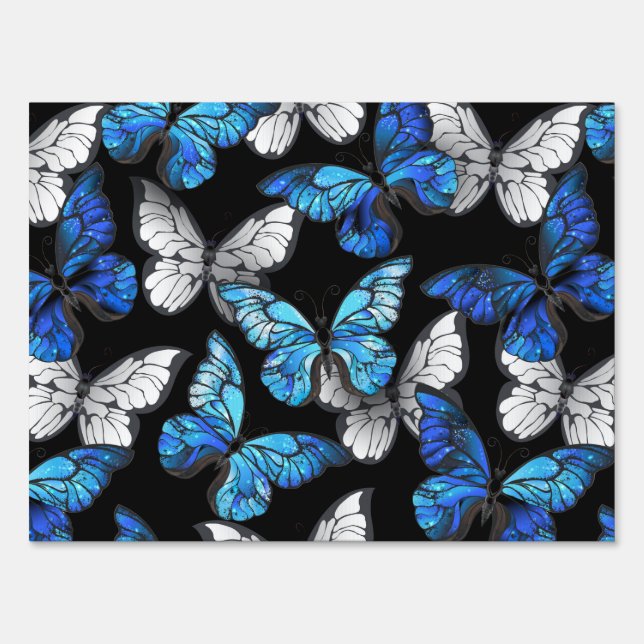 Dark Seamless Pattern with Blue Butterflies Morpho Sign (Front)