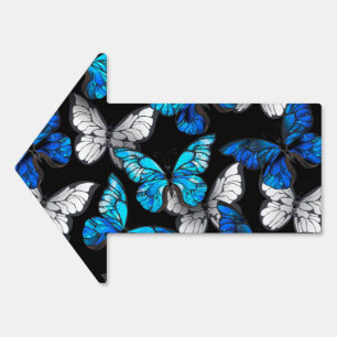 Dark Seamless Pattern with Blue Butterflies Morpho Sign