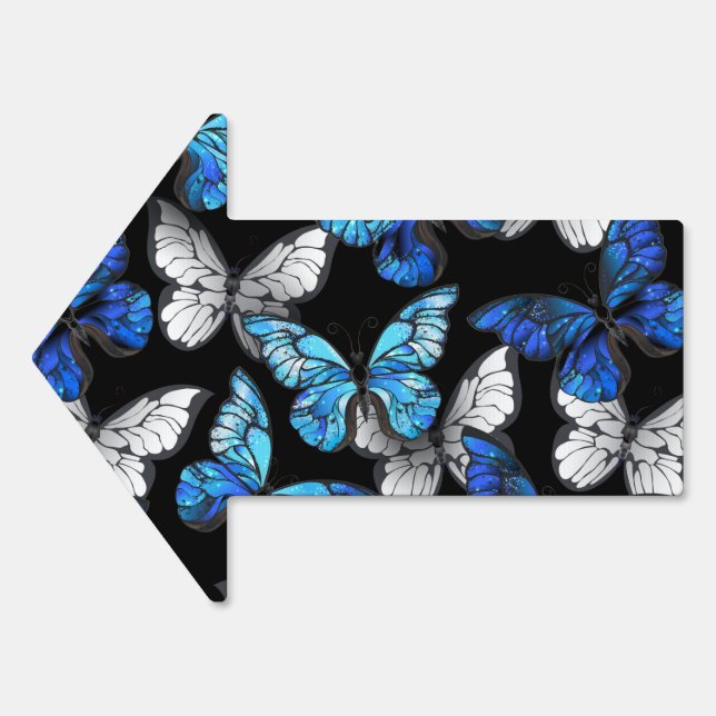 Dark Seamless Pattern with Blue Butterflies Morpho Sign (Front)