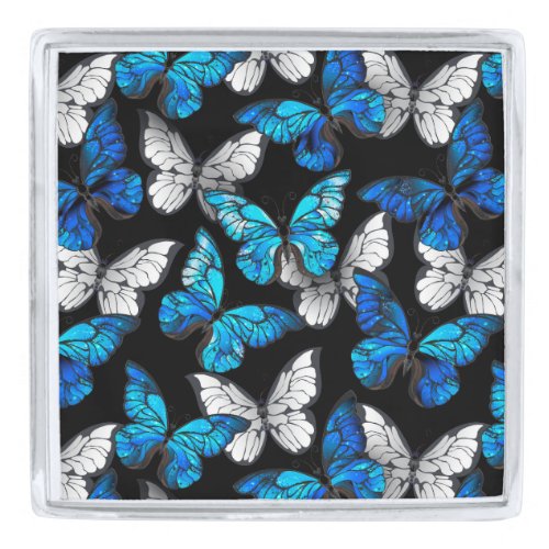 Dark Seamless Pattern with Blue Butterflies Morpho Silver Finish Lapel Pin