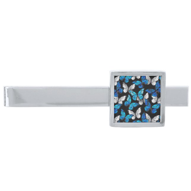 Dark Seamless Pattern with Blue Butterflies Morpho Silver Finish Tie Bar (Front)