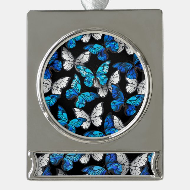 Dark Seamless Pattern with Blue Butterflies Morpho Silver Plated Banner Ornament (Front)