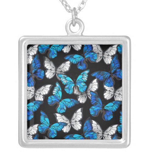 Dark Seamless Pattern with Blue Butterflies Morpho Silver Plated Necklace