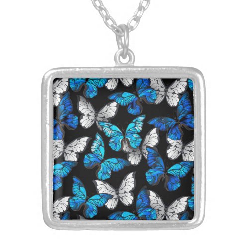 Dark Seamless Pattern with Blue Butterflies Morpho Silver Plated Necklace