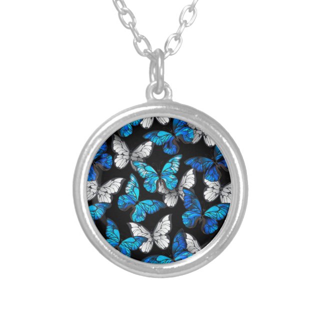 Dark Seamless Pattern with Blue Butterflies Morpho Silver Plated Necklace (Front)