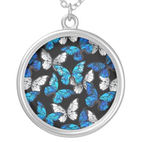 Dark Seamless Pattern with Blue Butterflies Morpho Silver Plated Necklace
